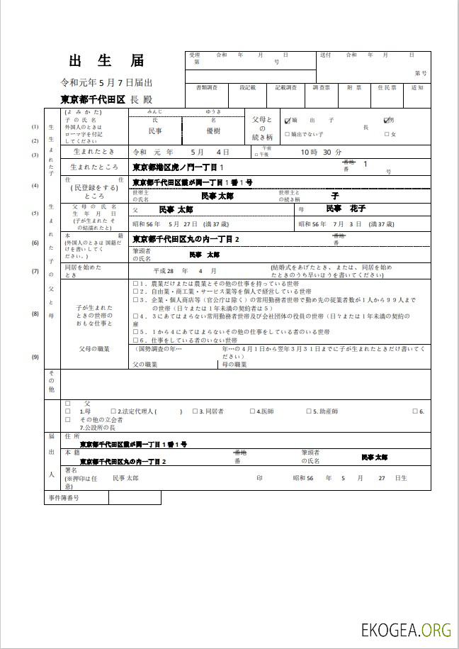 Acte de naissance au Japon (日本の出生証明書) Modèle Word et PDF, entièrement modifiable template